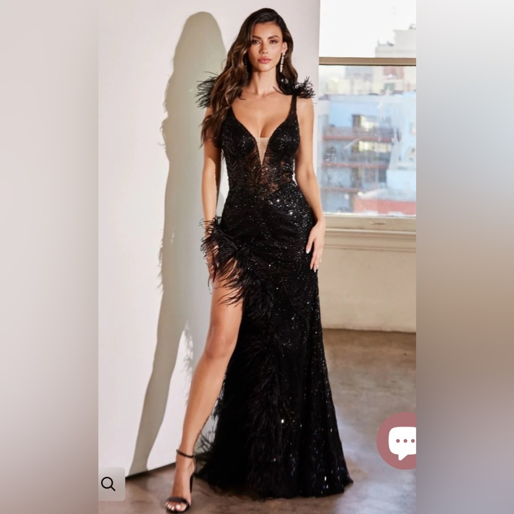 Black Sequin Feather-Trim Plunge Evening Gown